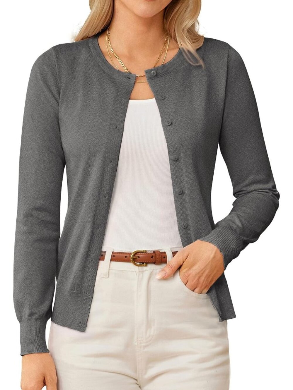 🆕Women's Dark Grey Lightweight Knit Cardigan Sweater Crew Neck Button Front